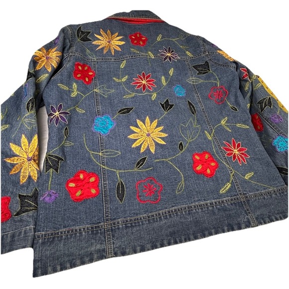 Women's Chico's Design Y2K sz 1 Denim Floral Embroidered Jean Jacket Vtg Med - Picture 5 of 14